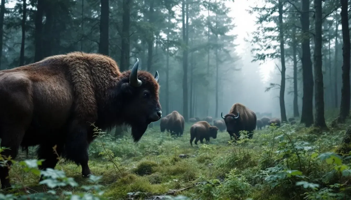 European bison in Białowieża Forest - filming location in Poland